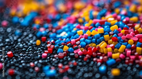 Multicolored plastic pellets scattered on a sleek black background photo
