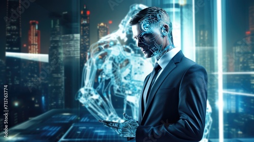 Futuristic cyber business and intelligence robotic working concept in modern global business