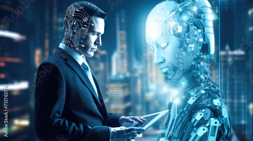 Futuristic cyber business and intelligence robotic working concept in modern global business