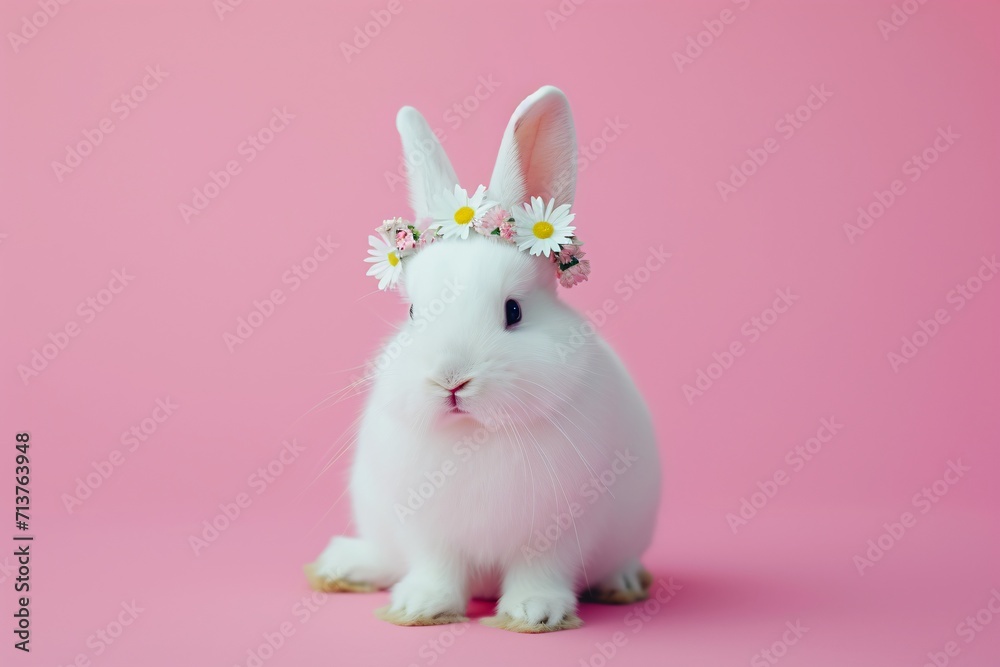 Rabbit with a crown of flowers on a pink background. Happy Easter celebration concept. Springtime holiday. Design for banner, poster. Minimalistic composition. Cute funny animal Rabbit with a crown of flowers on a pink background. Happy Easter celebration concept. Springtime holiday. Design for banner, poster. Minimalistic composition. Cute funny animal