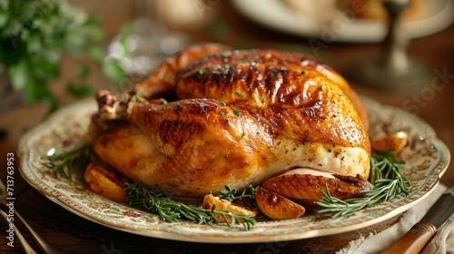 Roasted chicken beautifully presented on a vintage plate with a festive setting