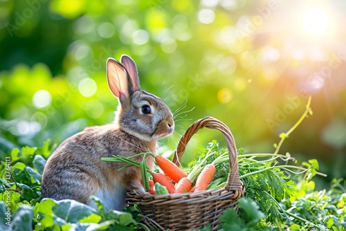 Rabbit with a basket of carrots in the garden. Spring nature. Happy Easter celebration concept. Springtime holiday. Design for greeting card, banner, poster with copy space. Cute funny animal