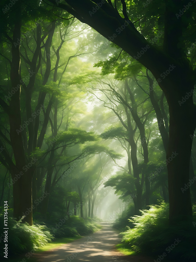 Fototapeta premium In the background, majestic trees with branches reaching towards the sky create a canopy that provides both shade and a sense of tranquility. AI Generated