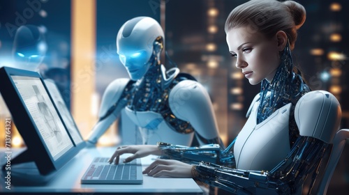 Futuristic cyber business and intelligence robotic working concept in modern global business