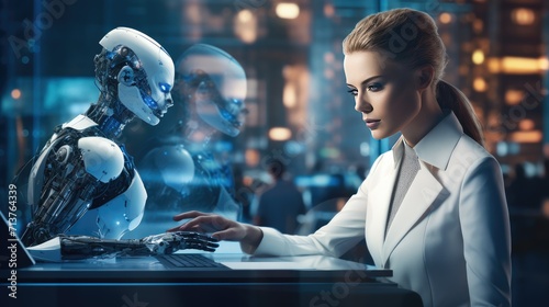 Futuristic cyber business and intelligence robotic working concept in modern global business
