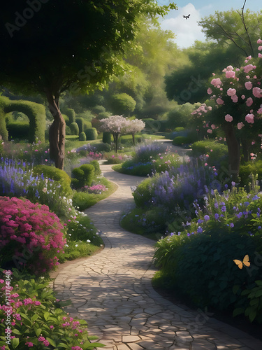A meandering path, created with delicate brushstrokes, winds its way through the garden. AI Generated