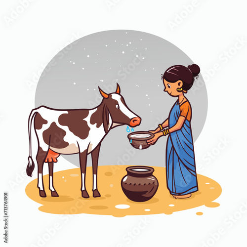 Women feeding a cow vector cartoon illustration
