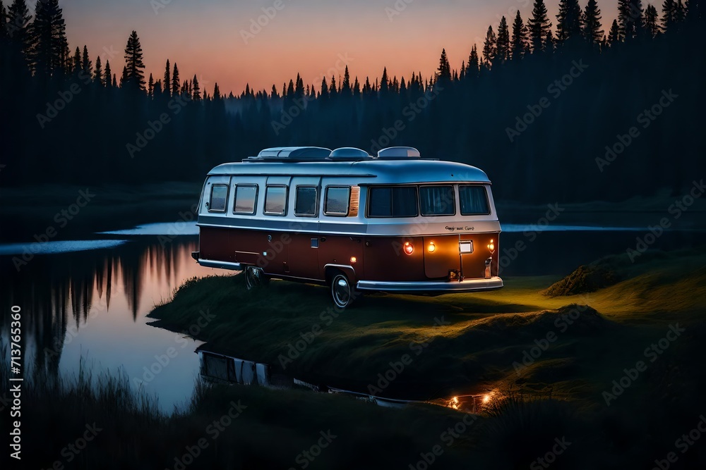 Craft a serene AI-generated image featuring a camper van at nightfall near a water body, with perfect lighting to capture the tranquility and beauty of the scene.

