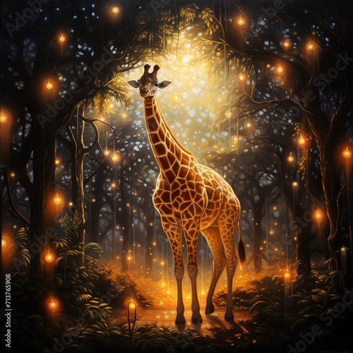 Magic lighting giraffe painting image Generative AI