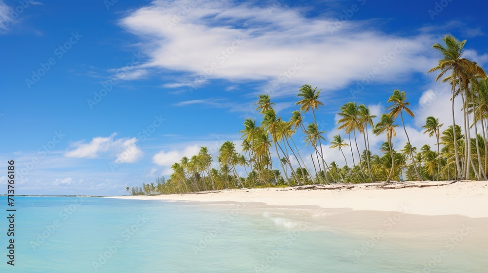 beautiful beach and tropical sea with green coconut trees, clear blue sky