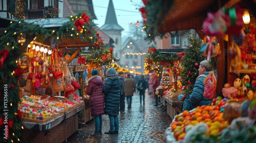 Easter decoration. people at the market. colorful Easter market in a quaint European town, lively stalls with traditional decorations, families enjoying the holiday spirit,