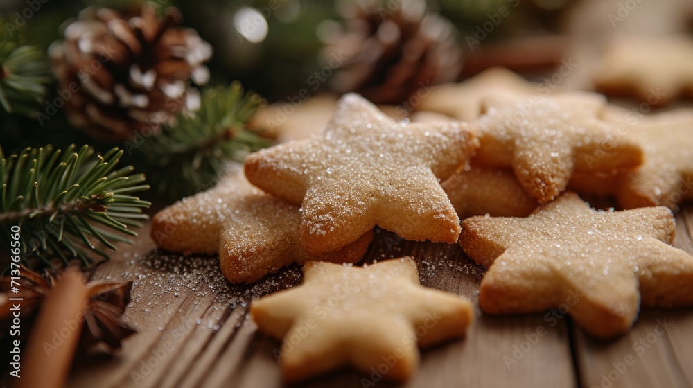 Star-shaped cookies with sugar dusting beside pine branches set a festive holiday mood
