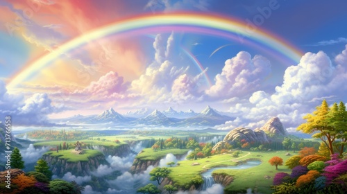 Fantasy landscape with rainbow, mountains, and lush greenery. Imaginary world. © Postproduction