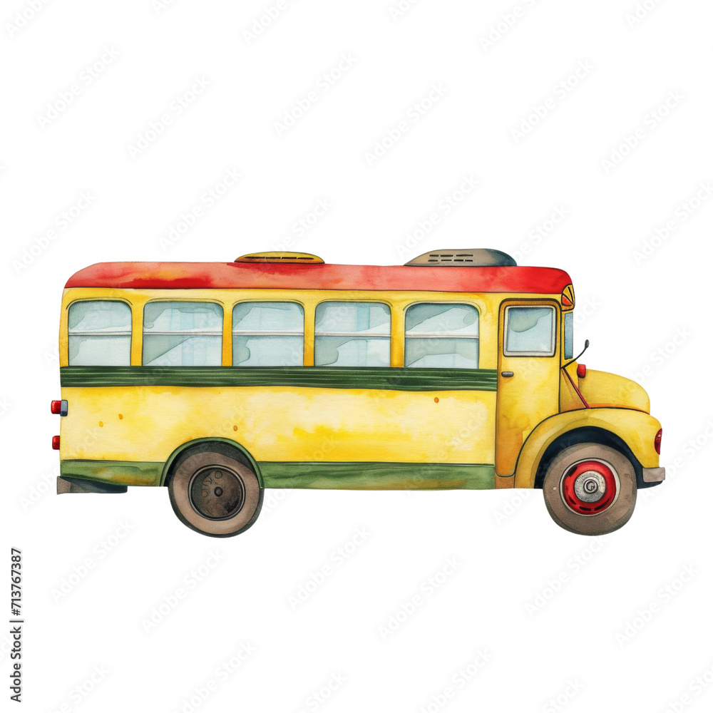 Watercolor illustration of yellow school bus clipart, PNG Transparent background