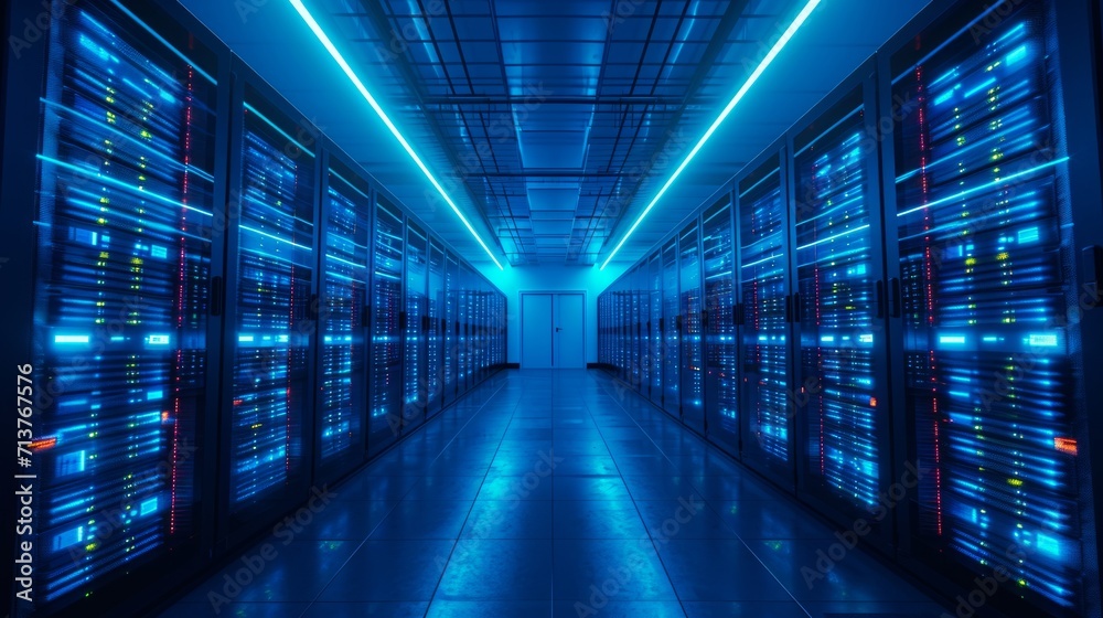 Futuristic data center with blue illuminated server racks and sleek design - obrazy, fototapety, plakaty 