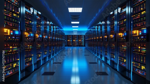 Modern data center with rows of servers glowing in the dark