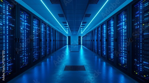 Futuristic data center with blue illuminated server racks and sleek design