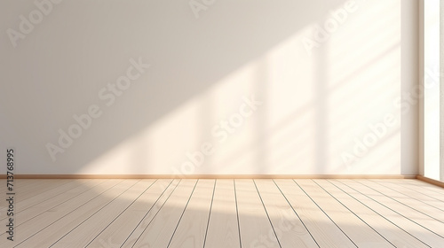 stimulate scene of white empty room with sunlight cast shadow on the laminate wood wall © Aura
