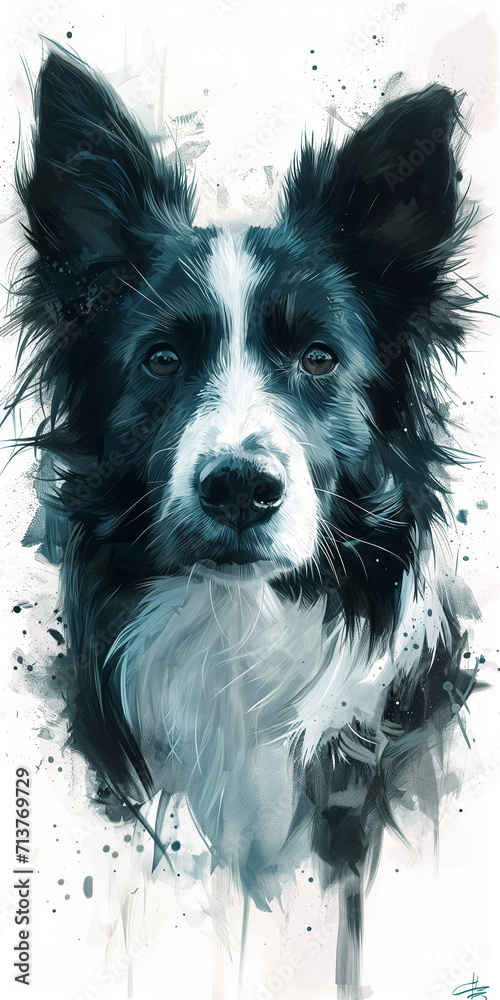 Artistic monochrome portrait of a Border Collie with abstract black and white paint splashes, capturing the essence of the breed.