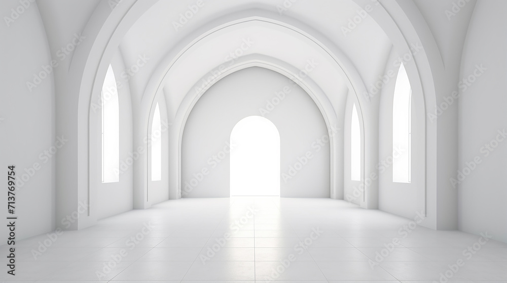 view of empty white room with arch design and concrete floor museum space 3D render.