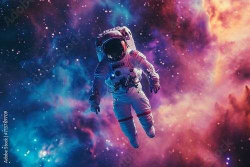 A surreal portrait of an astronaut floating weightlessly against a vibrant backdrop of a cosmic nebula filled with stars.