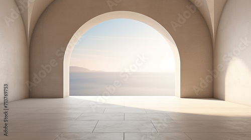 view of empty room in minimal style with arch design in sunlight
