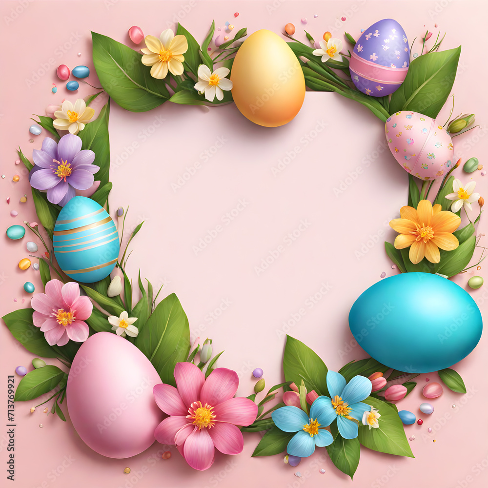 Happy Easter Day Colourful Easter Eggs Background Design with Spring flowers and colorful easter eggs