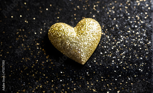 A small gold heart on a sparkling black background. Generative AI