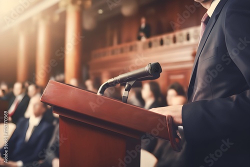 Businessman politician makes a speech from behind the pulpit