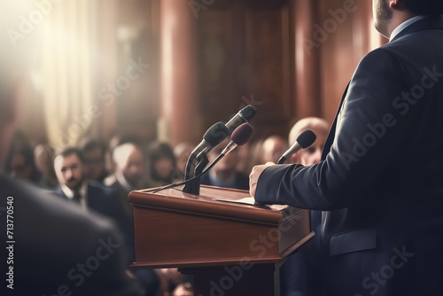 Businessman politician makes a speech from behind the pulpit © Denisa