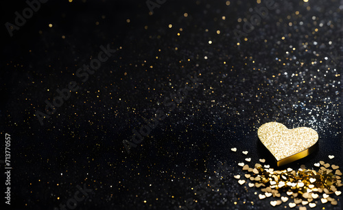 A small gold heart on a sparkling black background. Generative AI