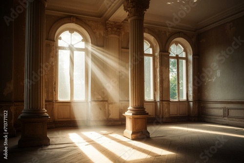 A sunlit room with columns and a window  with sunlight streaming onto the floor and walls. Generative AI