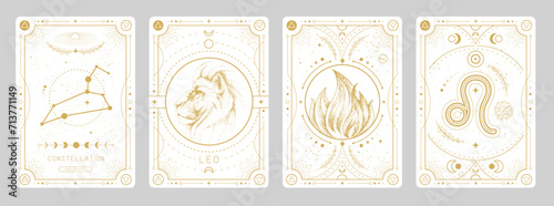 Set of Modern magic witchcraft cards with astrology Leo zodiac sign characteristic. Vector illustration