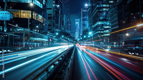 Light trails on the modern building background. Light trails at night in urban environment, Abstract Motion Blur City, traffic, transportation, street, road, speed