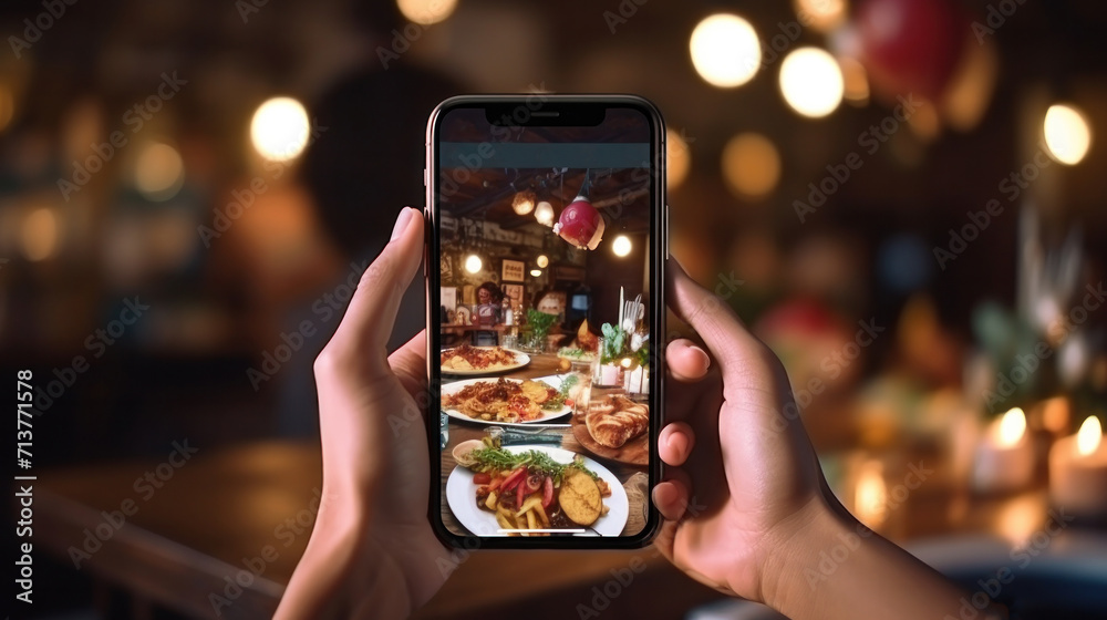 restaurant owner takes a picture of the food on the table with a smartphone to post on a website. Online food delivery, ordering service, influencer, review, social media, share, marketing, interest. - obrazy, fototapety, plakaty 