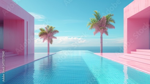 Swimming pool with palm trees on the background