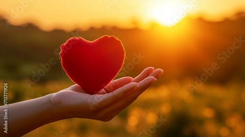 In the warm glow of the sunset, a close-up of a hand holding a large red heart—an idea representing happiness, love, and the concept of Valentine's Day. photo