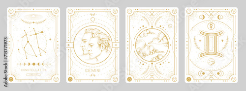 Set of Modern magic witchcraft cards with astrology Gemini zodiac sign characteristic. Vector illustration