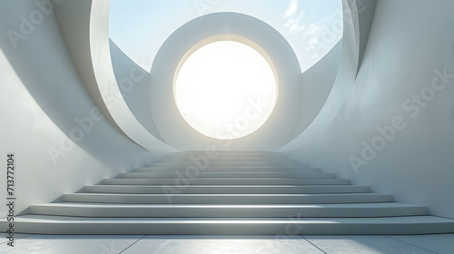Minimalist White Stairs Leading to a Round Window in Daylight photo