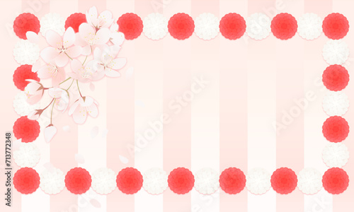 桜の花と紅白花のフレーム背景