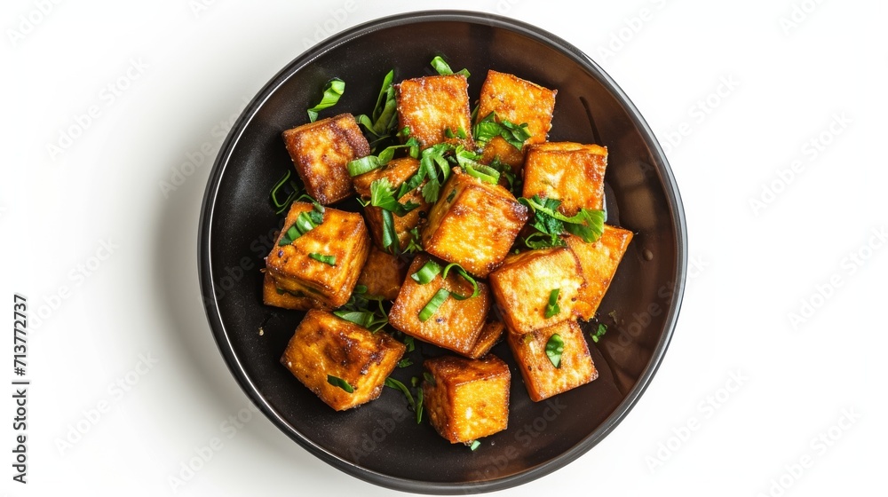 Fried tofu served on a small black plate or bowl viewed from above isolated white background Fried tofu served on a small black plate or bowl viewed from above isolated white background