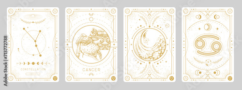 Set of Modern magic witchcraft cards with astrology Cancer zodiac sign characteristic. Vector illustration