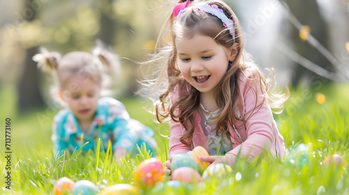A little girl collecting colorful Easter eggs in the garden on a sunny day.