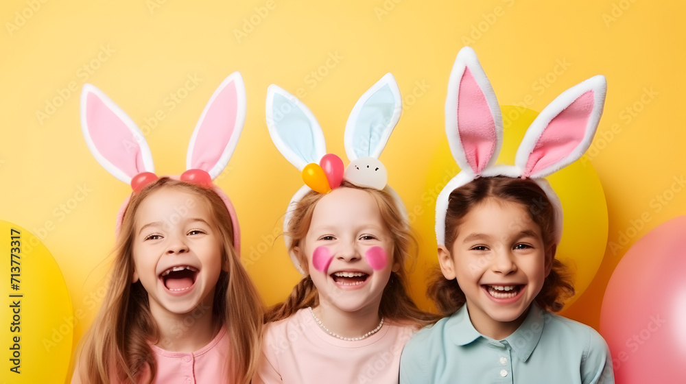 Happy girls in bunny ears celebrating easter Happy girls in bunny ears celebrating easter