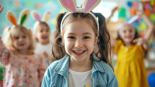 Happy girl in bunny ear celebrating easter festival