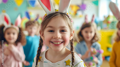 Happy girl in bunny ear celebrating easter festival