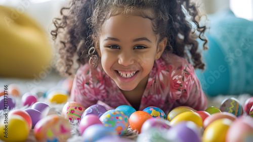Happy African girl collecting easter eggs