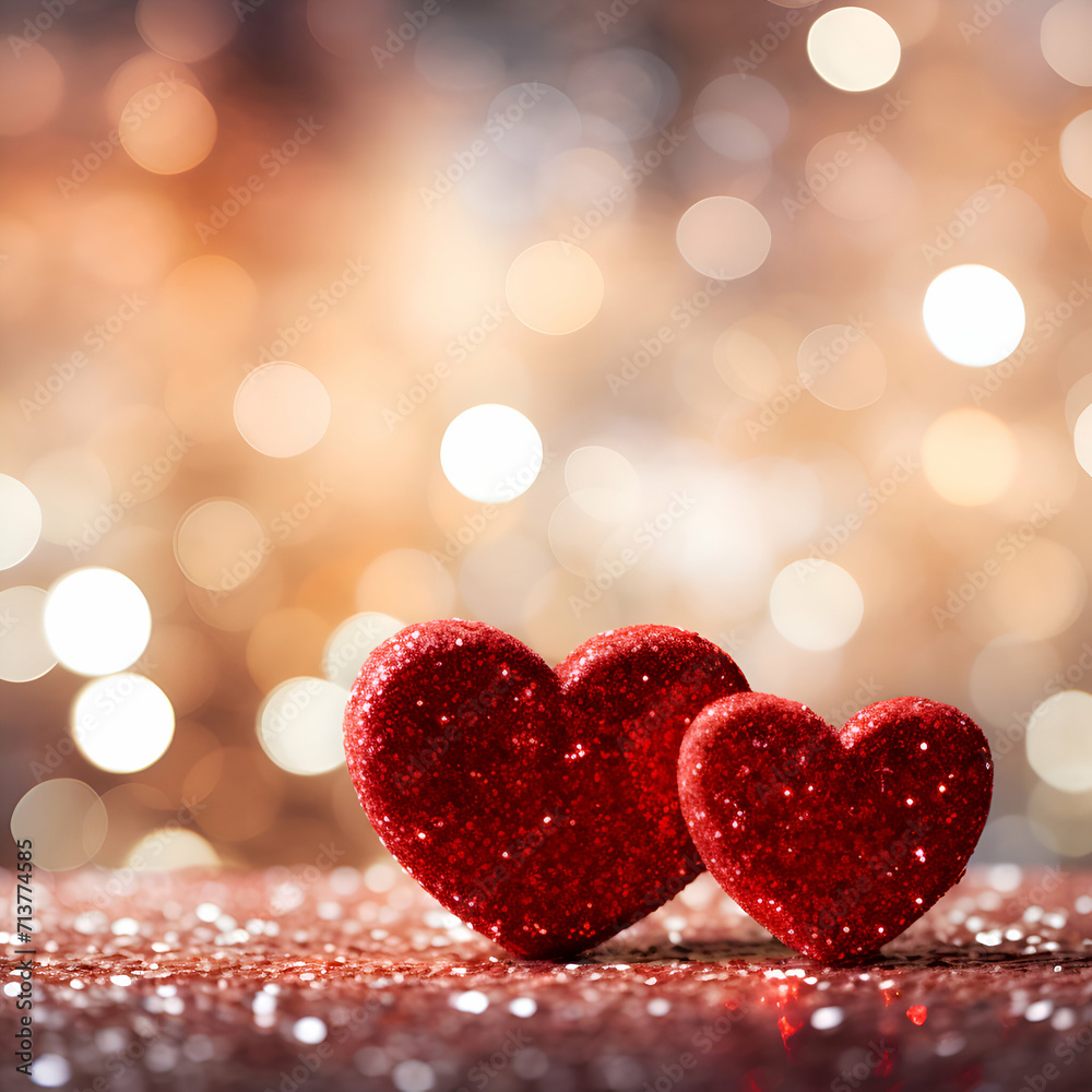 Two red hearts on bokeh background. Valentines day card