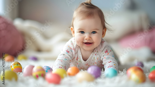 Happy baby and colorful easter eggs