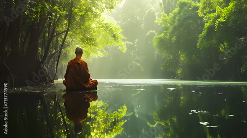 Buddhist monk in meditation beside a lake in the jungle #713774590